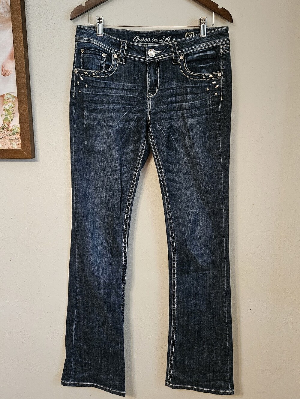 Grace In LA Jeans Womens Blue Bootcut Tall Embroidered Rhinestone Long